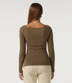 V Neck Long Sleeve Crossover Ruched Thermal Casual Top — Butternut — view 2