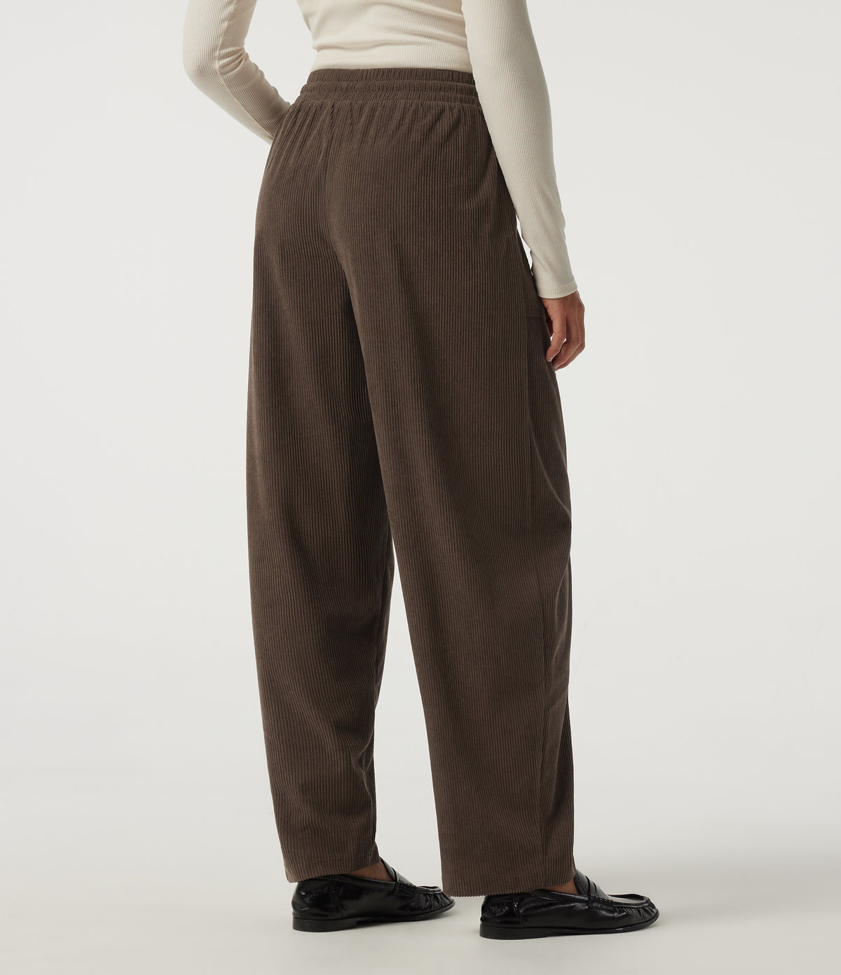 High Waisted Drawstring Tapered Corduroy Casual Trousers with Pockets — Slate Black — view 2