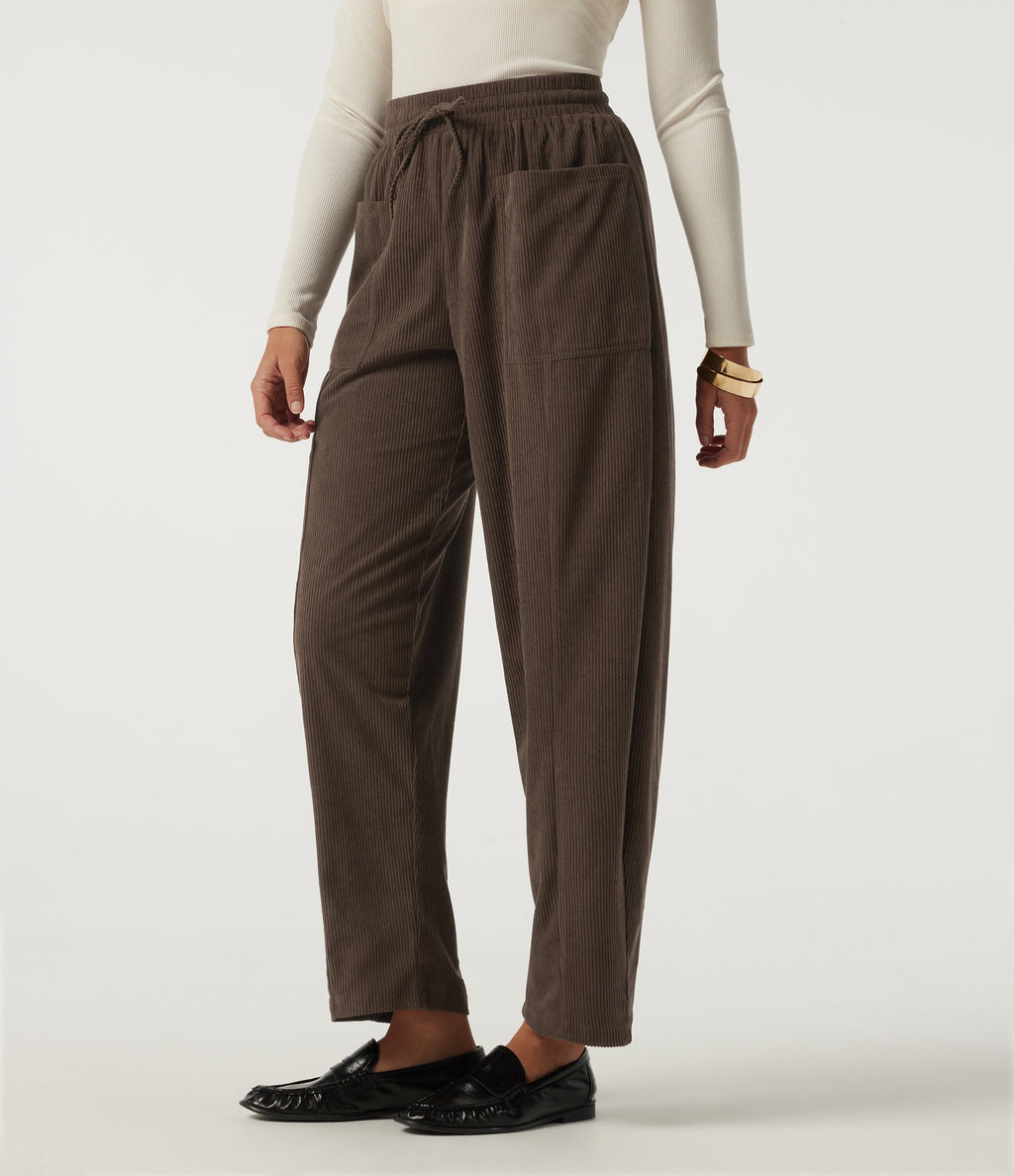 High Waisted Drawstring Tapered Corduroy Casual Trousers with Pockets — Slate Black — view 3