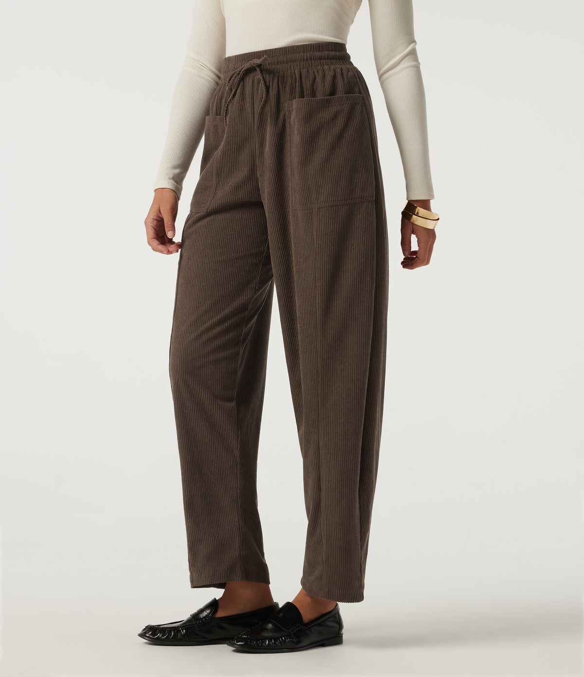 High Waisted Drawstring Tapered Corduroy Casual Trousers with Pockets — Slate Black — view 3
