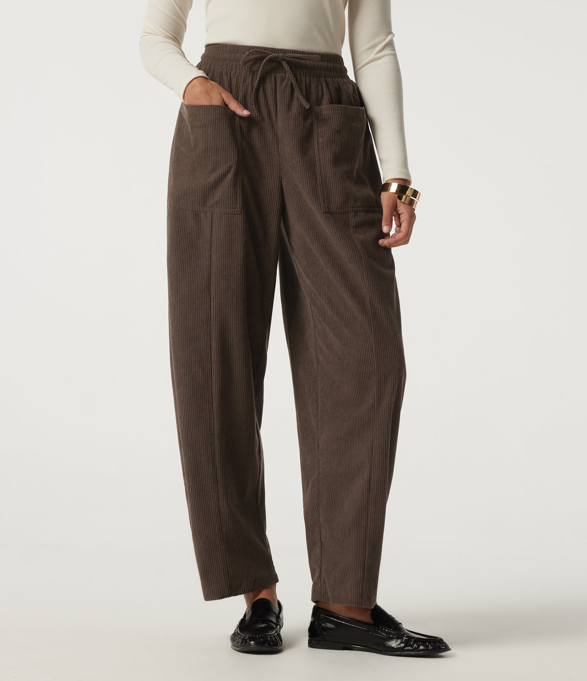 High Waisted Drawstring Tapered Corduroy Casual Trousers with Pockets — Slate Black — view 1