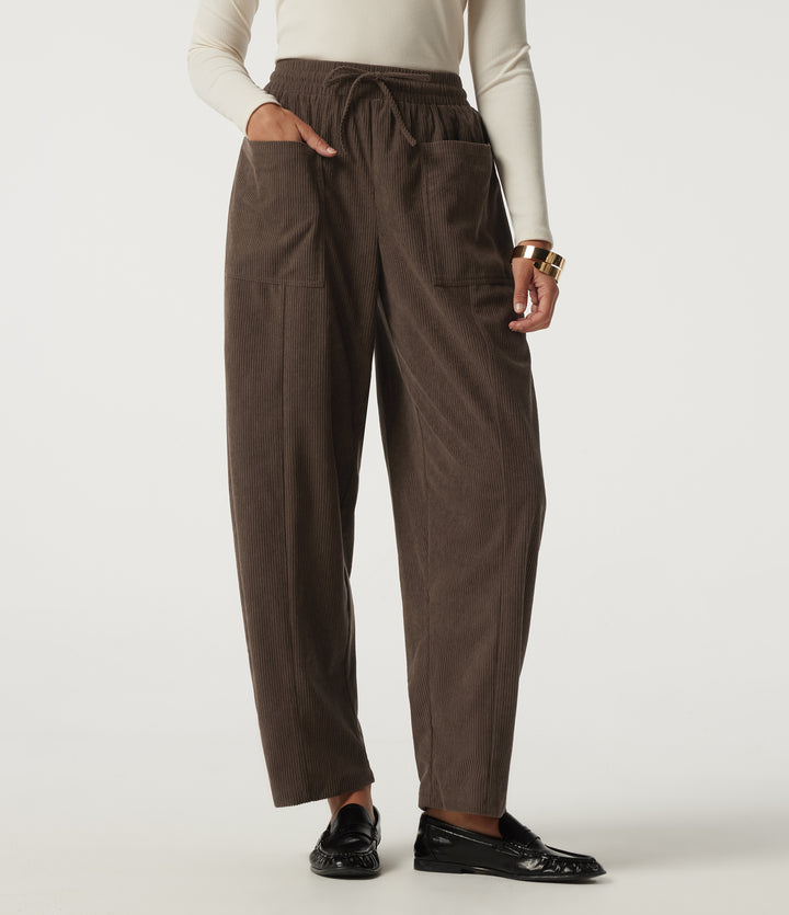 High Waisted Drawstring Tapered Corduroy Casual Trousers with Pockets — Slate Black — view 1