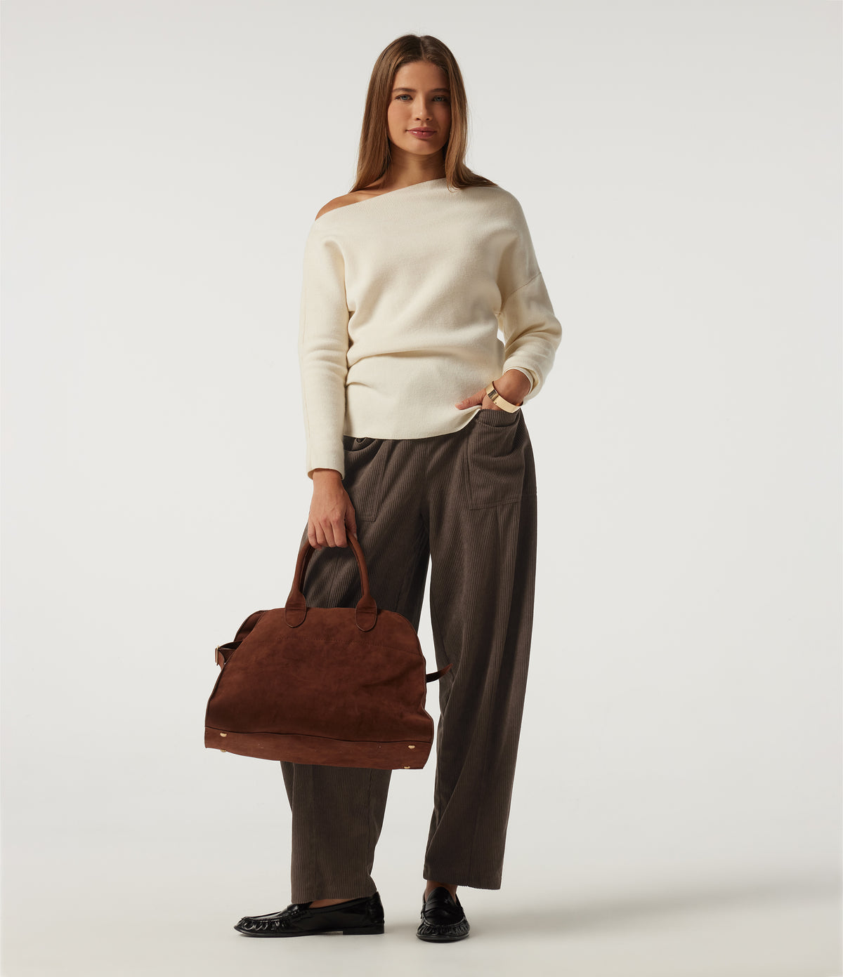 High Waisted Drawstring Tapered Corduroy Casual Trousers with Pockets — Slate Black — view 6