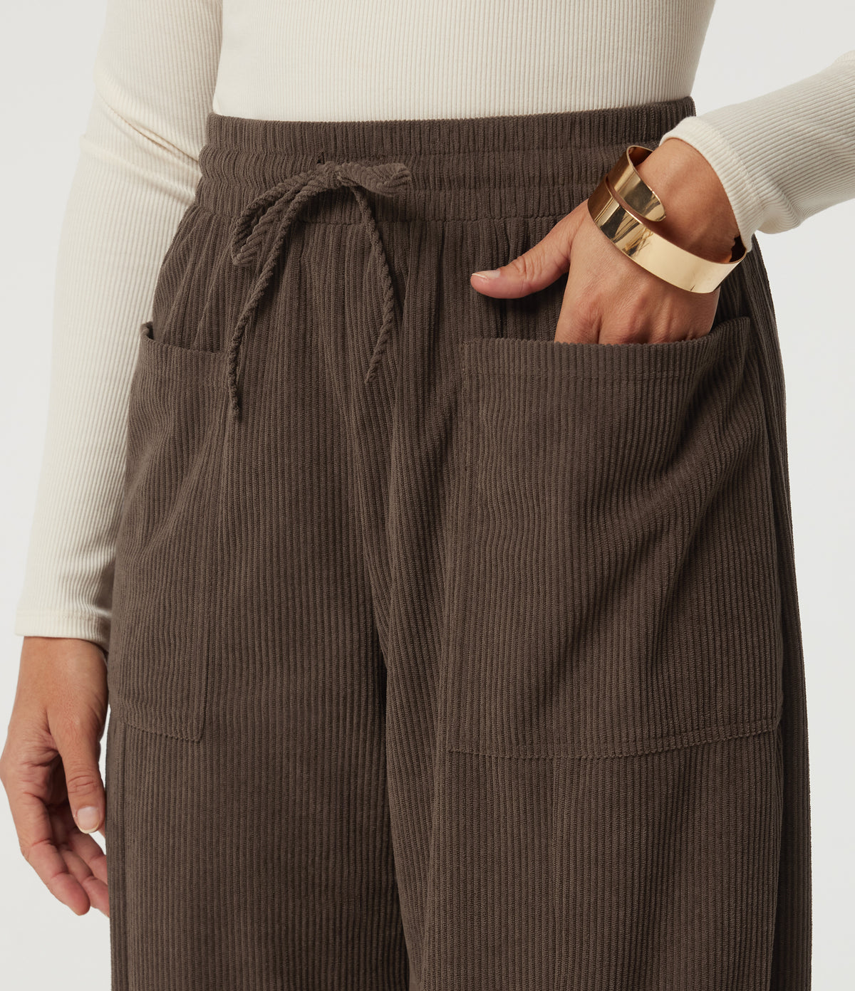 High Waisted Drawstring Tapered Corduroy Casual Trousers with Pockets — Slate Black — view 4