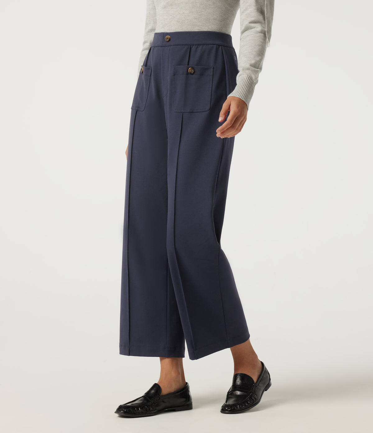 High Waisted Straight Leg Pintuck Work Trousers with Pockets — Dress Blues — view 3