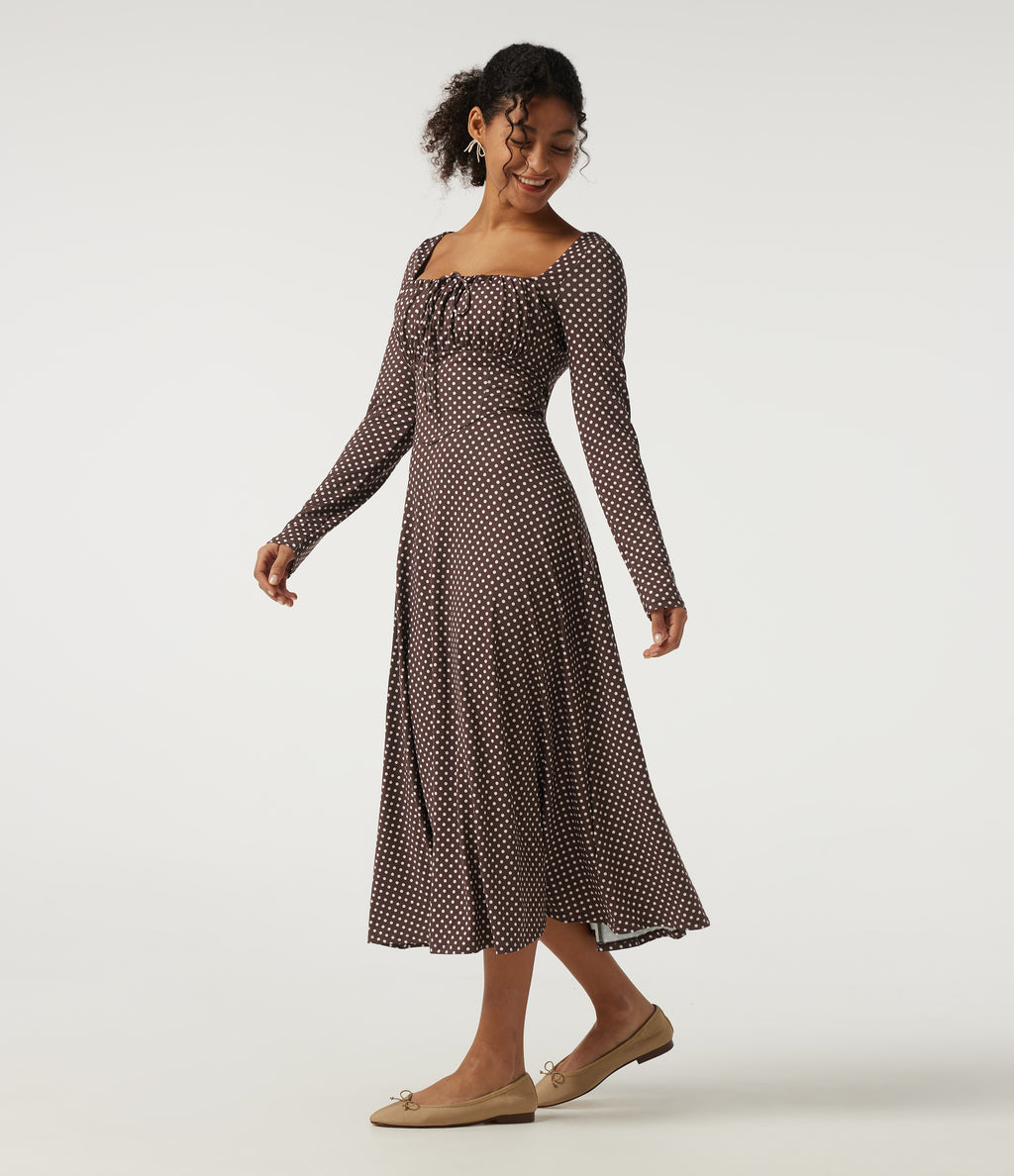 Square Neck Polka Dot Long Sleeve Built-In Bra A-Line Milkmaid Midi Resort Dress — Bistre Dot — view 3