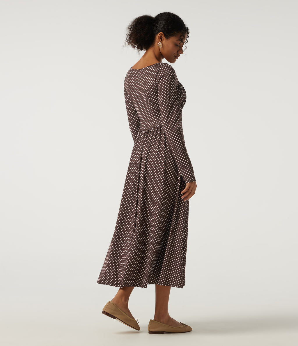 Square Neck Polka Dot Long Sleeve Built-In Bra A-Line Milkmaid Midi Resort Dress — Bistre Dot — view 2