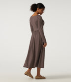 Square Neck Polka Dot Long Sleeve Built-In Bra A-Line Milkmaid Midi Resort Dress — Bistre Dot — view 2
