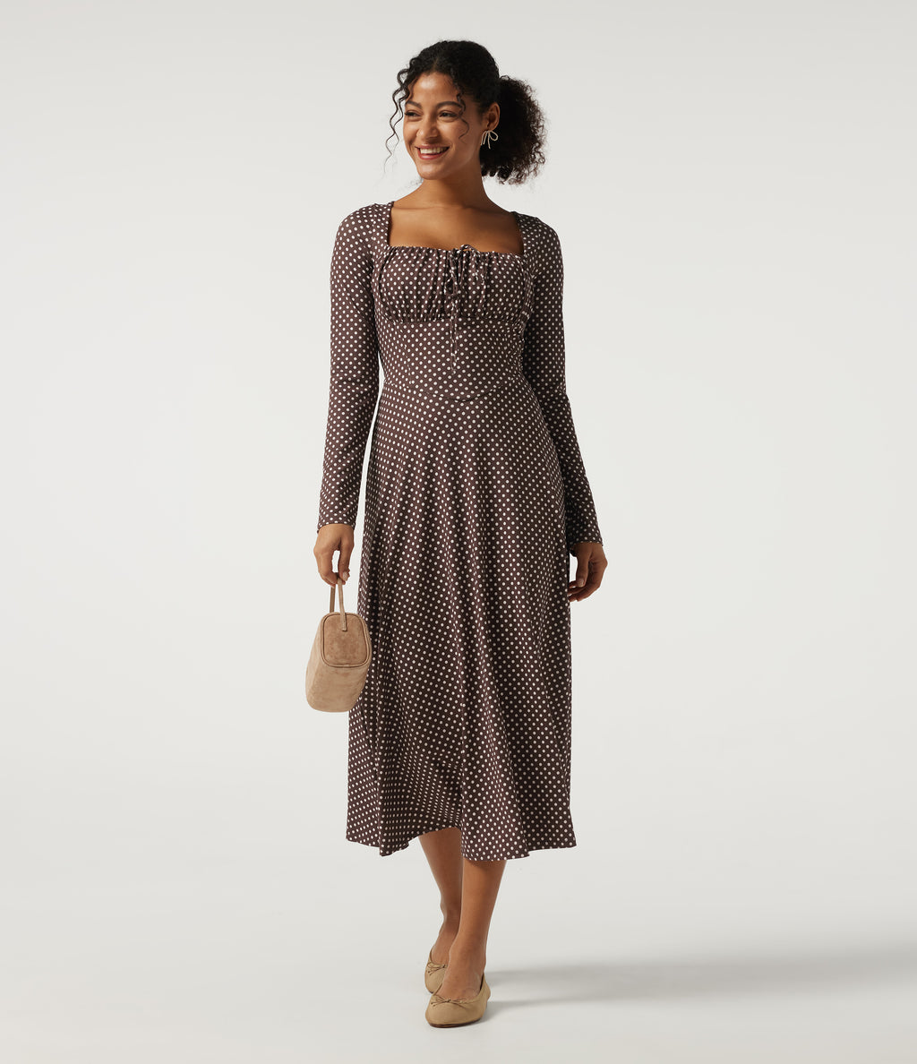 Square Neck Polka Dot Long Sleeve Built-In Bra A-Line Milkmaid Midi Resort Dress — Bistre Dot — view 6