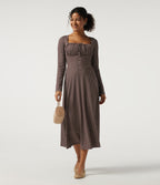 Square Neck Polka Dot Long Sleeve Built-In Bra A-Line Milkmaid Midi Resort Dress — Bistre Dot — view 6