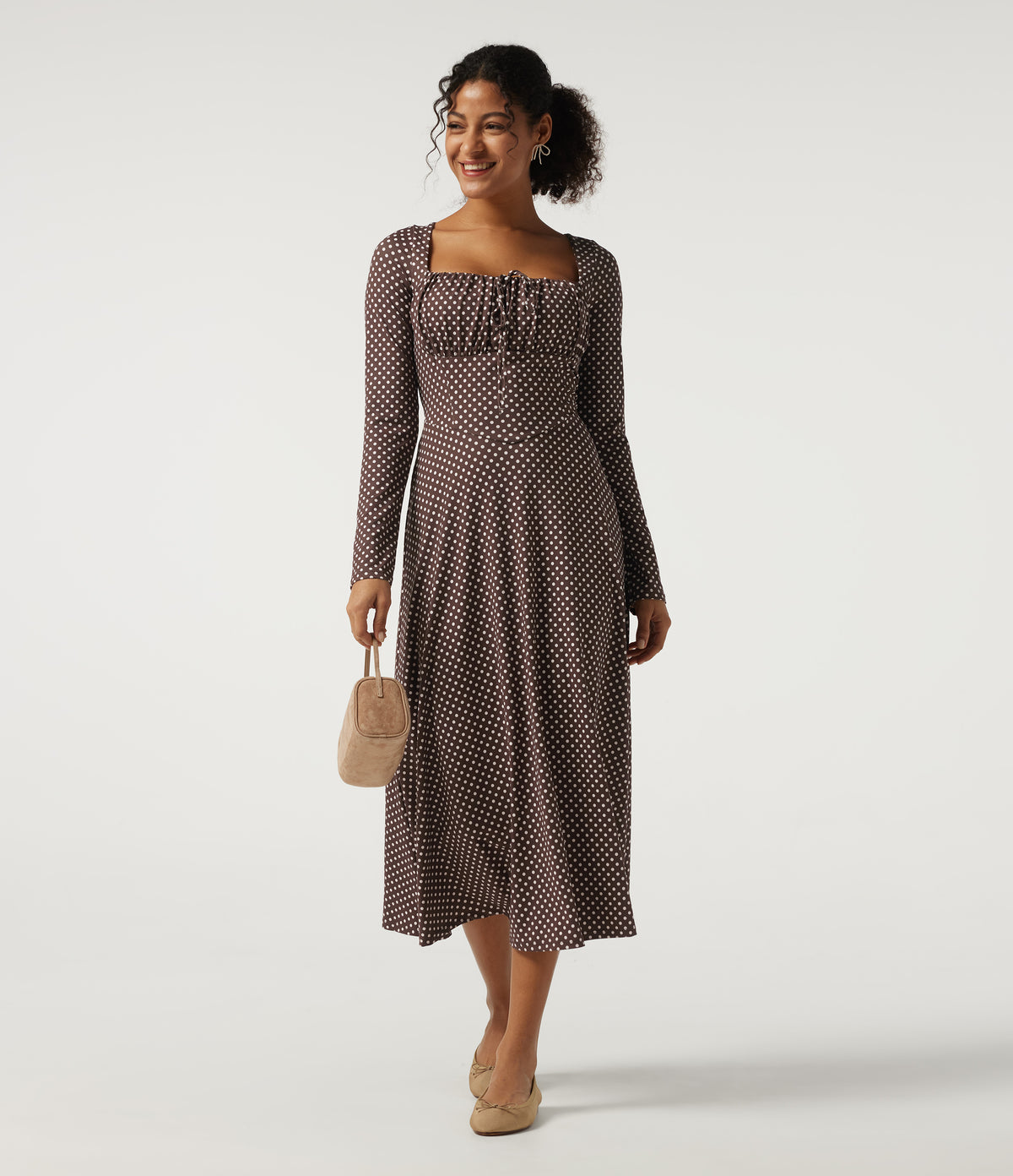 Square Neck Polka Dot Long Sleeve Built-In Bra A-Line Milkmaid Midi Resort Dress — Bistre Dot — view 6
