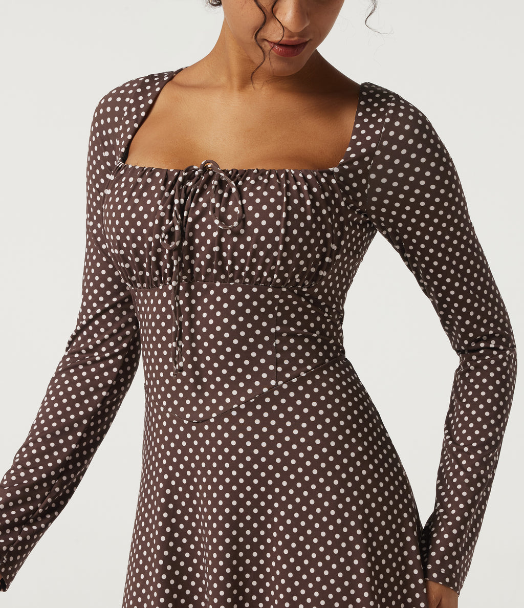 Square Neck Polka Dot Long Sleeve Built-In Bra A-Line Milkmaid Midi Resort Dress — Bistre Dot — view 4