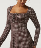 Square Neck Polka Dot Long Sleeve Built-In Bra A-Line Milkmaid Midi Resort Dress — Bistre Dot — view 4