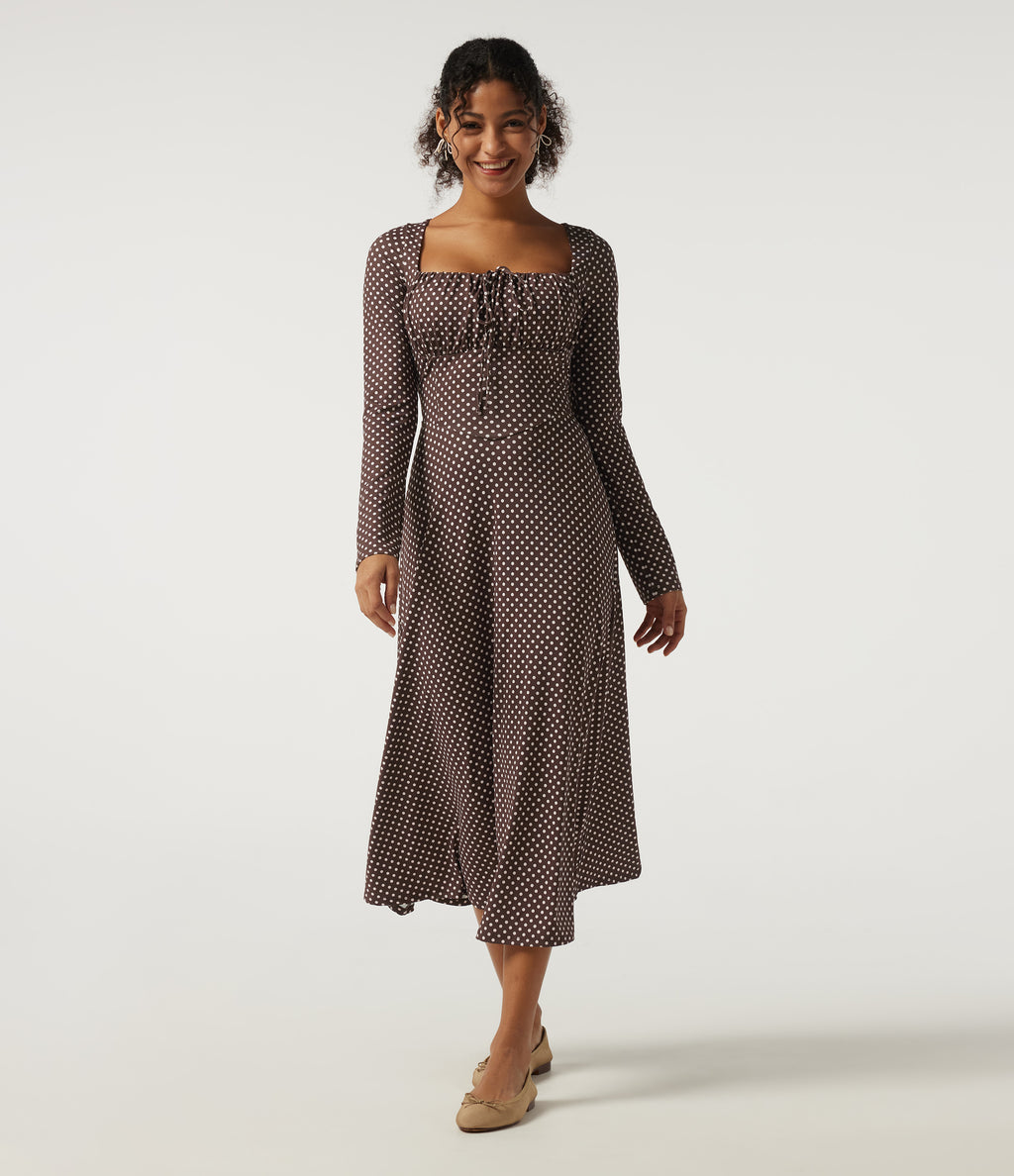 Square Neck Polka Dot Long Sleeve Built-In Bra A-Line Milkmaid Midi Resort Dress — Bistre Dot — view 1