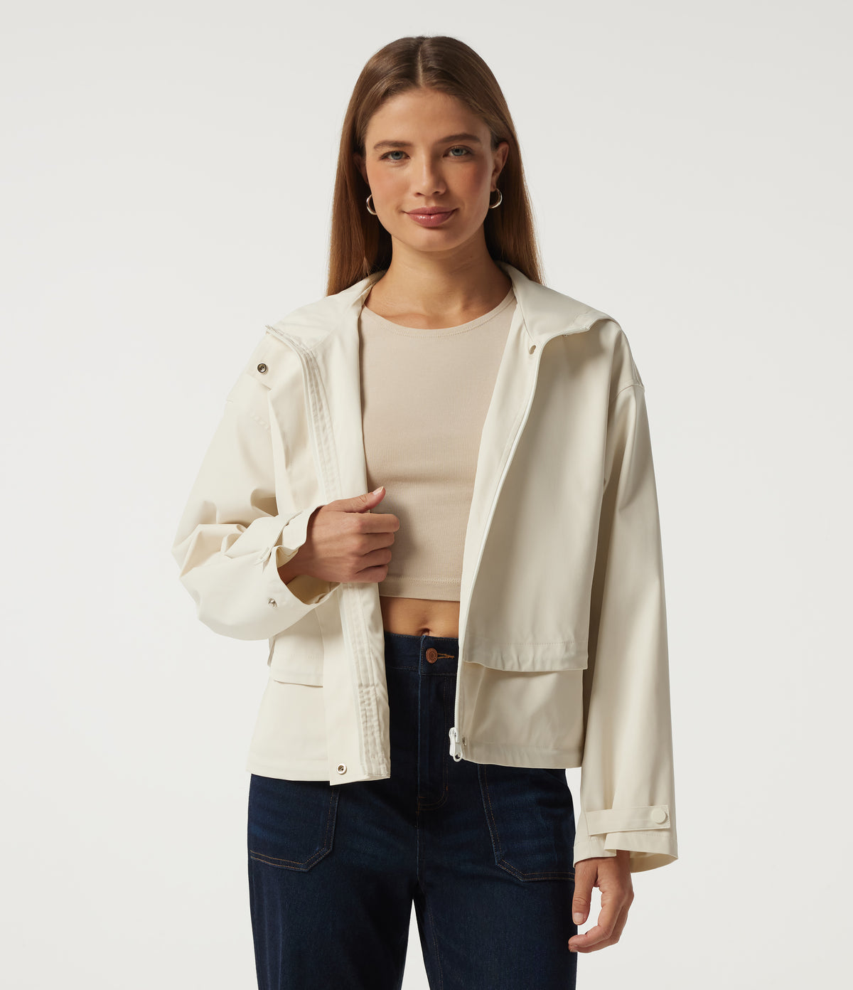 Hooded Long Sleeve Casual Jacket with Pockets — Pillowtalk - Light Beige — view 3