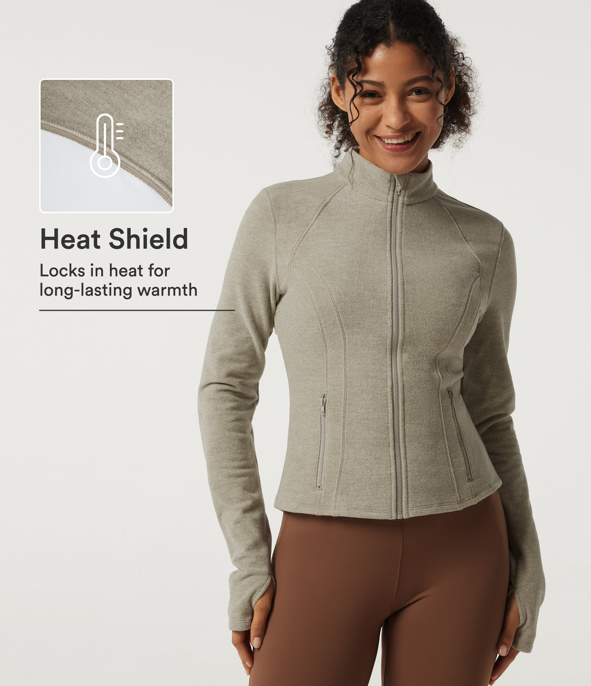 Stand Collar Long Sleeve Fleece Workout Jacket with Pockets and Thumb Holes — Sage Brush — view 1