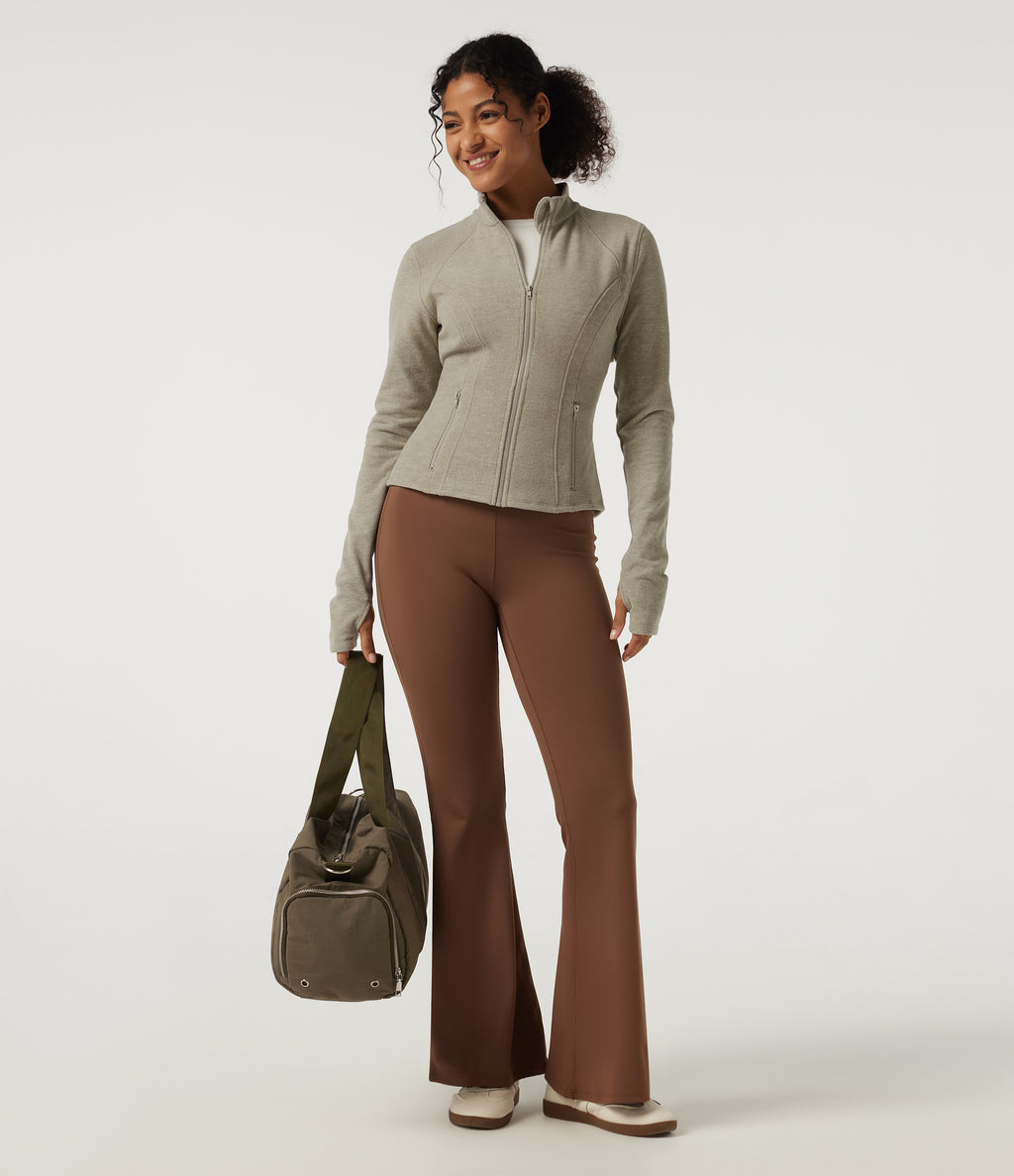 Stand Collar Long Sleeve Fleece Workout Jacket with Pockets and Thumb Holes — Sage Brush — view 8