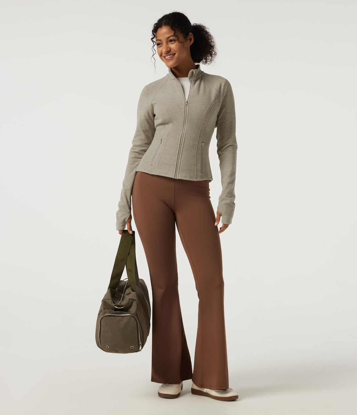 Stand Collar Long Sleeve Fleece Workout Jacket with Pockets and Thumb Holes — Sage Brush — view 8