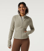 Stand Collar Long Sleeve Fleece Workout Jacket with Pockets and Thumb Holes — Sage Brush — view 4