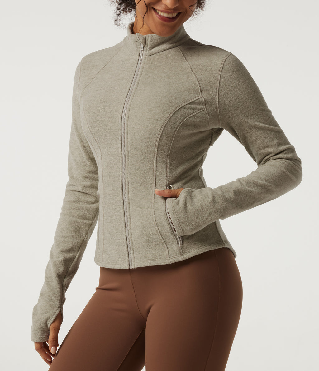 Stand Collar Long Sleeve Fleece Workout Jacket with Pockets and Thumb Holes — Sage Brush — view 5