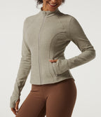 Stand Collar Long Sleeve Fleece Workout Jacket with Pockets and Thumb Holes — Sage Brush — view 5