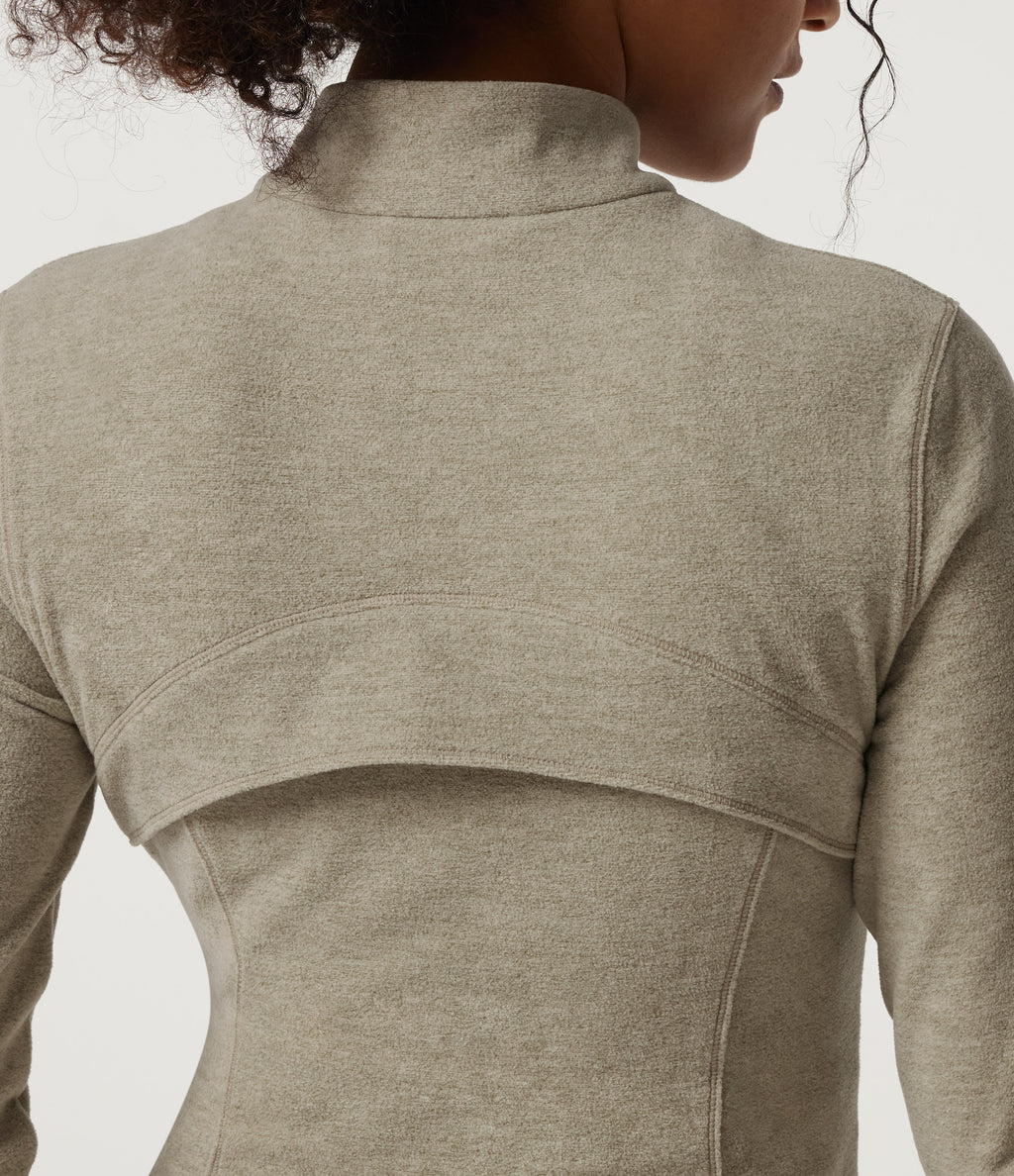 Stand Collar Long Sleeve Fleece Workout Jacket with Pockets and Thumb Holes — Sage Brush — view 7