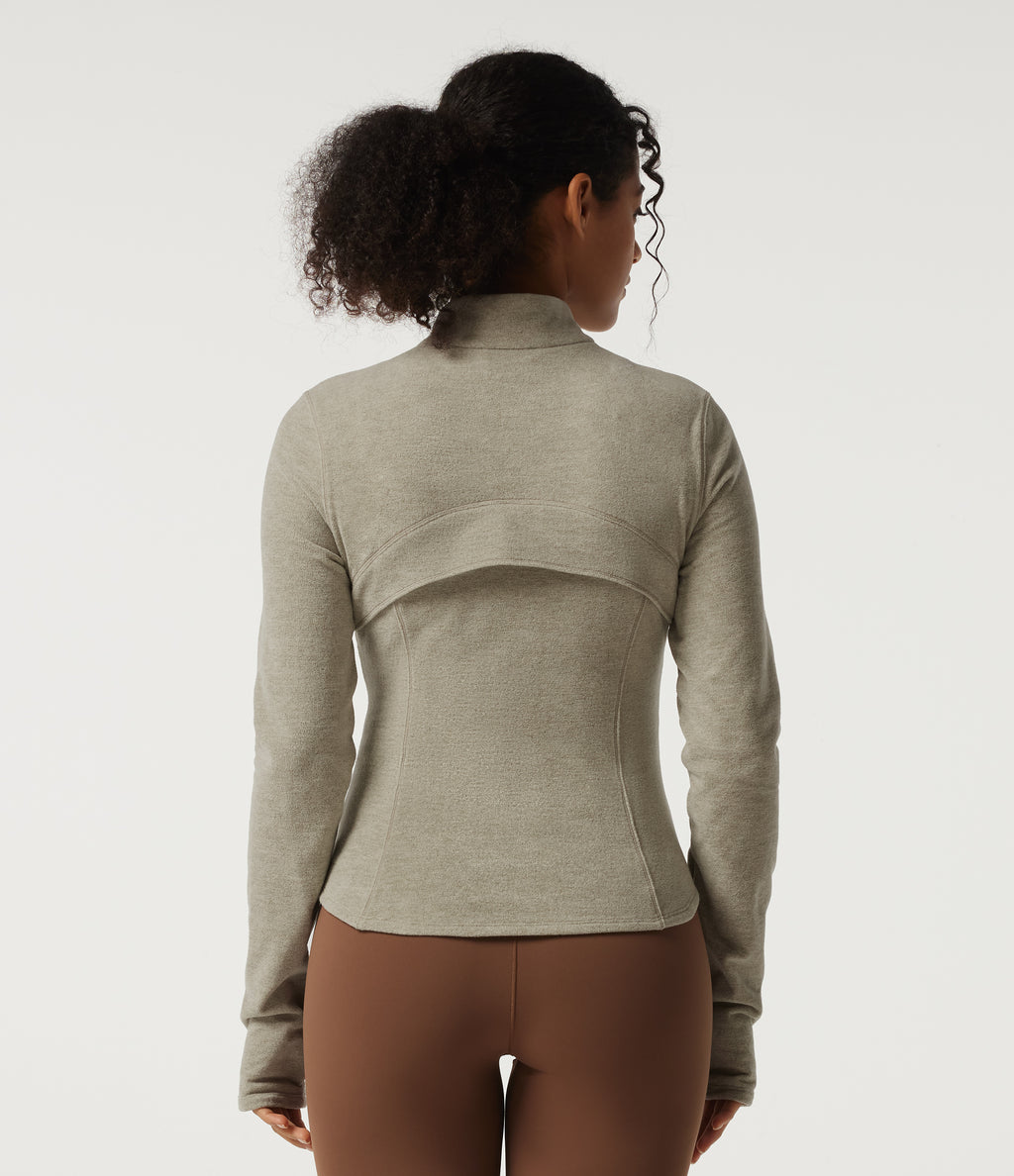 Stand Collar Long Sleeve Fleece Workout Jacket with Pockets and Thumb Holes — Sage Brush — view 2
