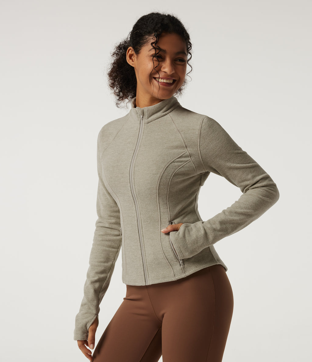 Stand Collar Long Sleeve Fleece Workout Jacket with Pockets and Thumb Holes — Sage Brush — view 3