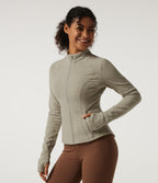 Stand Collar Long Sleeve Fleece Workout Jacket with Pockets and Thumb Holes — Sage Brush — view 3