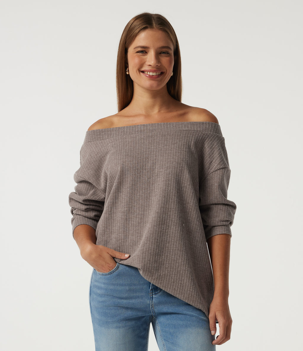 Ribbed Off Shoulder Long Sleeve Ruched Casual Top — Mocha Meringue — view 5
