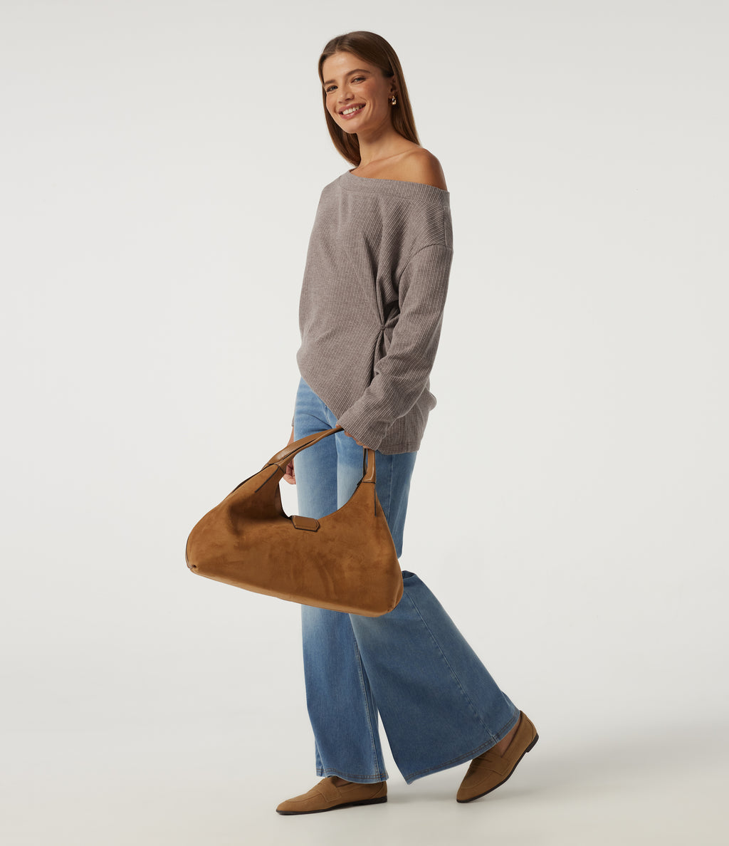 Ribbed Off Shoulder Long Sleeve Ruched Casual Top — Mocha Meringue — view 8