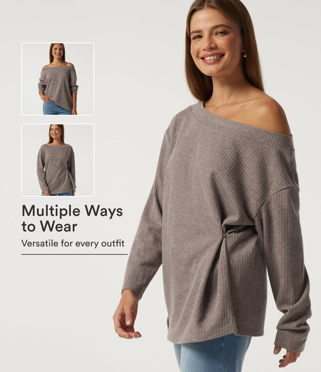 Ribbed Off Shoulder Long Sleeve Ruched Casual Top — Mocha Meringue — view 1