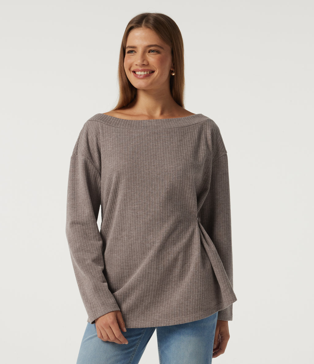 Ribbed Off Shoulder Long Sleeve Ruched Casual Top — Mocha Meringue — view 3