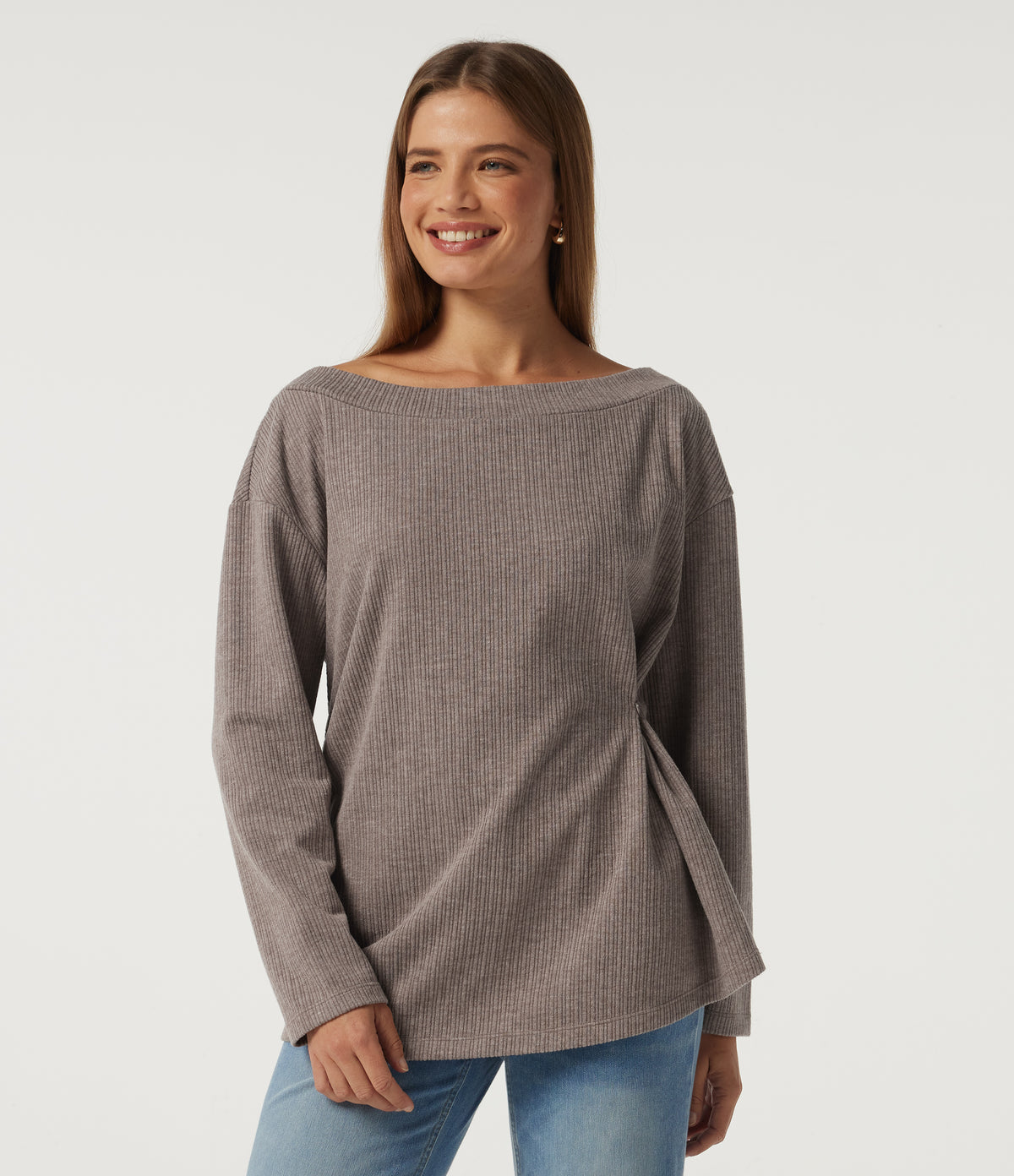 Ribbed Off Shoulder Long Sleeve Ruched Casual Top — Mocha Meringue — view 3
