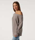 Ribbed Off Shoulder Long Sleeve Ruched Casual Top — Mocha Meringue — view 4