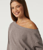 Ribbed Off Shoulder Long Sleeve Ruched Casual Top — Mocha Meringue — view 6