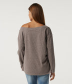 Ribbed Off Shoulder Long Sleeve Ruched Casual Top — Mocha Meringue — view 2