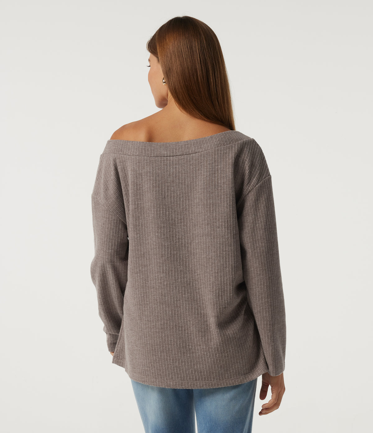 Ribbed Off Shoulder Long Sleeve Ruched Casual Top — Mocha Meringue — view 2
