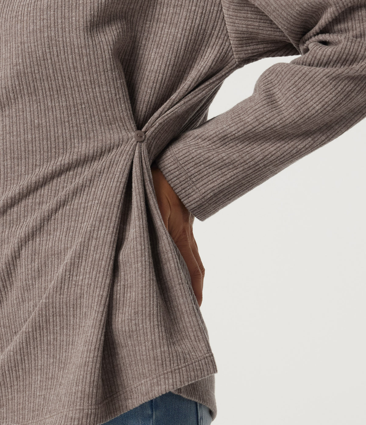 Ribbed Off Shoulder Long Sleeve Ruched Casual Top — Mocha Meringue — view 7