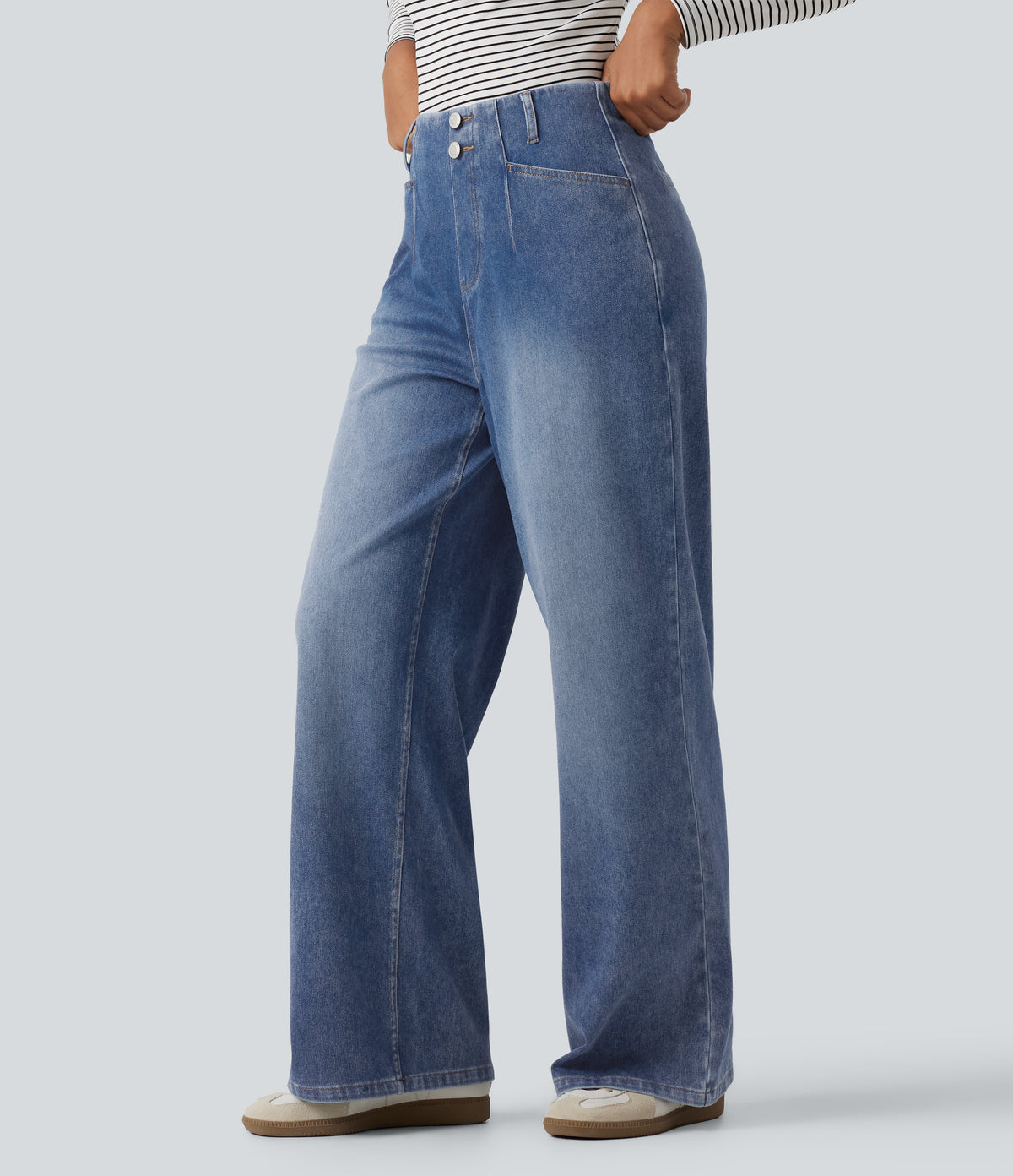 High Waisted Wide Leg Casual Jeans with Pockets — Vallarta Blue Denim — view 3