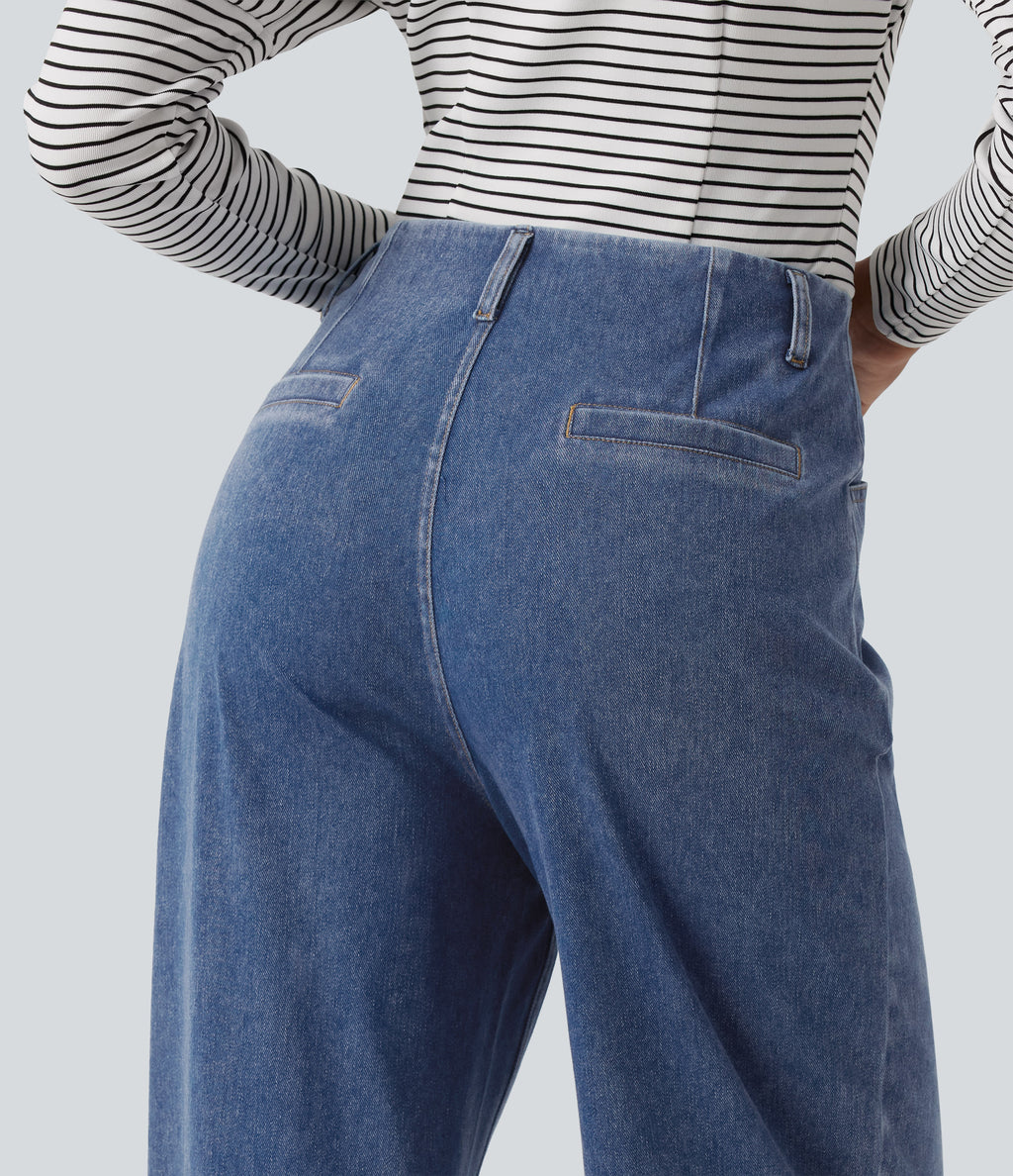 High Waisted Wide Leg Casual Jeans with Pockets — Vallarta Blue Denim — view 5