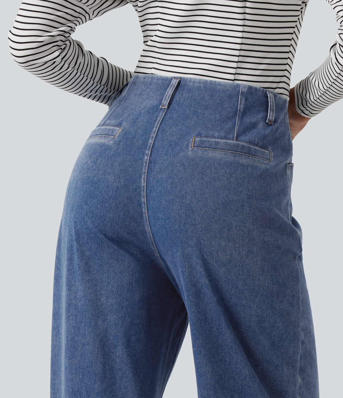 High Waisted Wide Leg Casual Jeans with Pockets — Vallarta Blue Denim — view 5