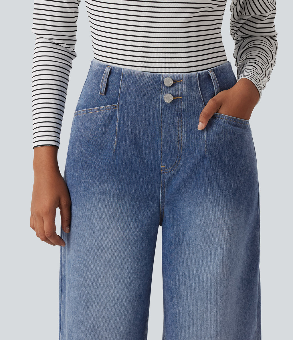 High Waisted Wide Leg Casual Jeans with Pockets — Vallarta Blue Denim — view 4