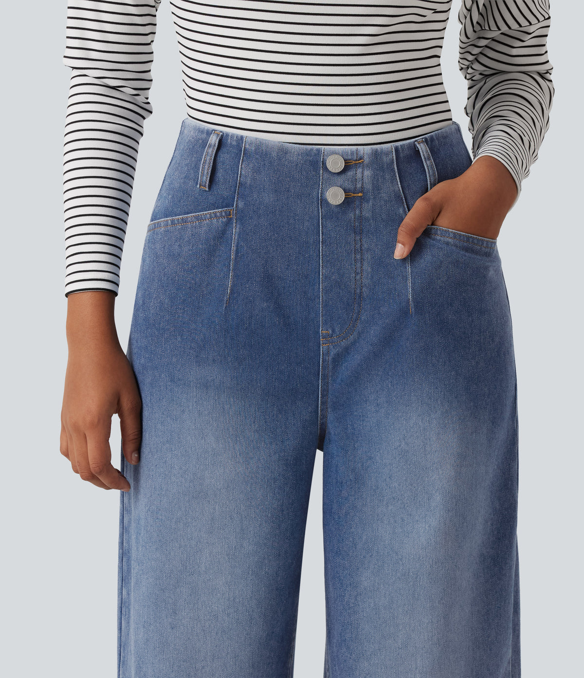 High Waisted Wide Leg Casual Jeans with Pockets — Vallarta Blue Denim — view 4