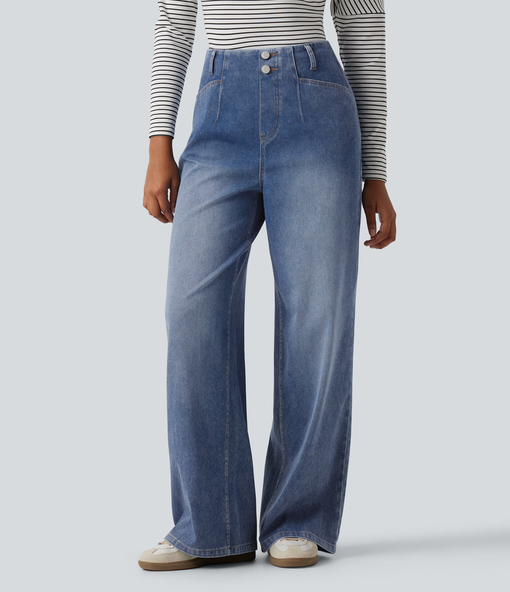 High Waisted Wide Leg Casual Jeans with Pockets — Vallarta Blue Denim — view 1