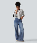 High Waisted Wide Leg Casual Jeans with Pockets — Vallarta Blue Denim — view 7