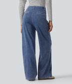 High Waisted Wide Leg Casual Jeans with Pockets — Vallarta Blue Denim — view 2