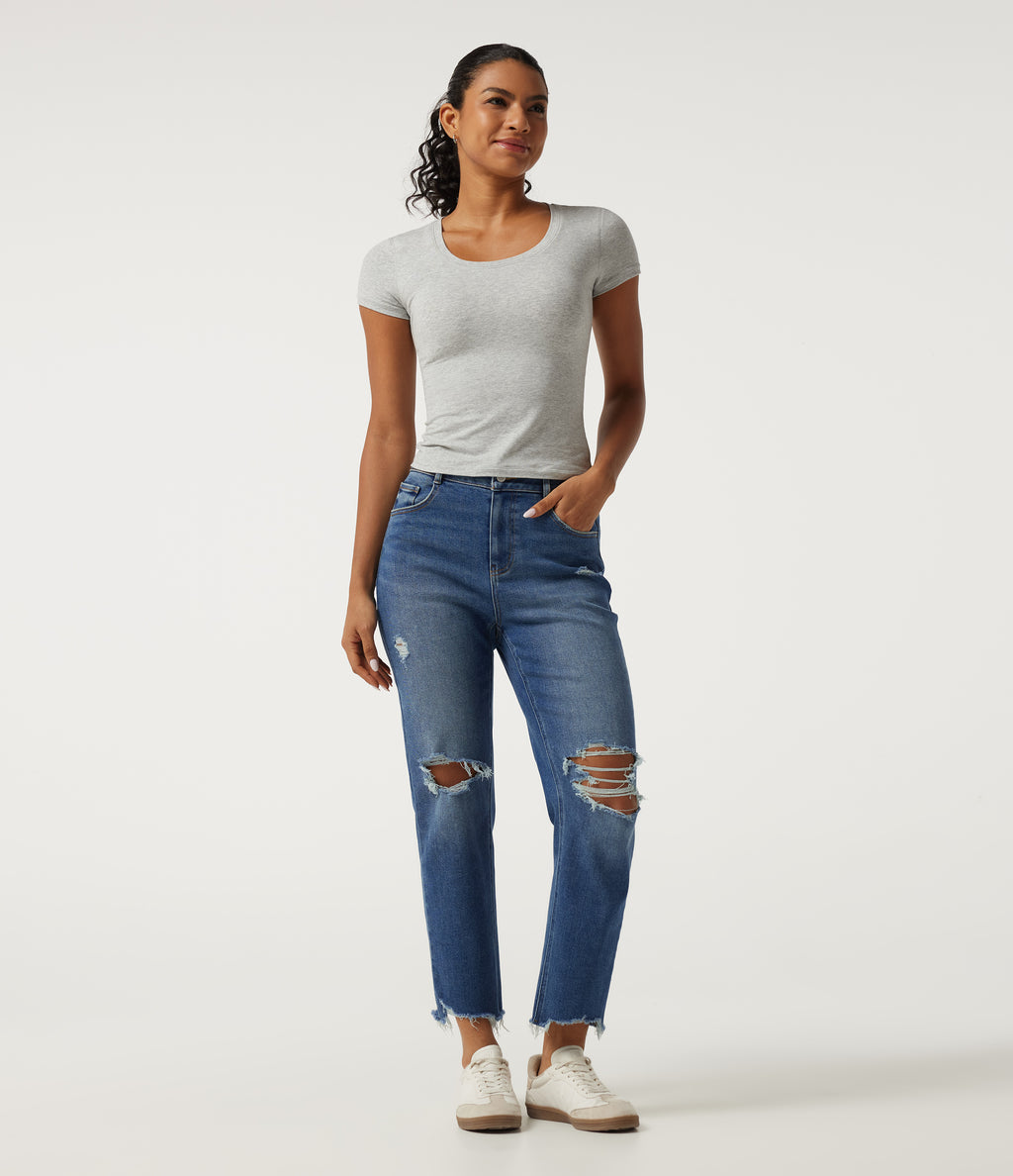 High Waisted Tapered Casual Jeans with Pockets — Tide Blue Denim — view 8