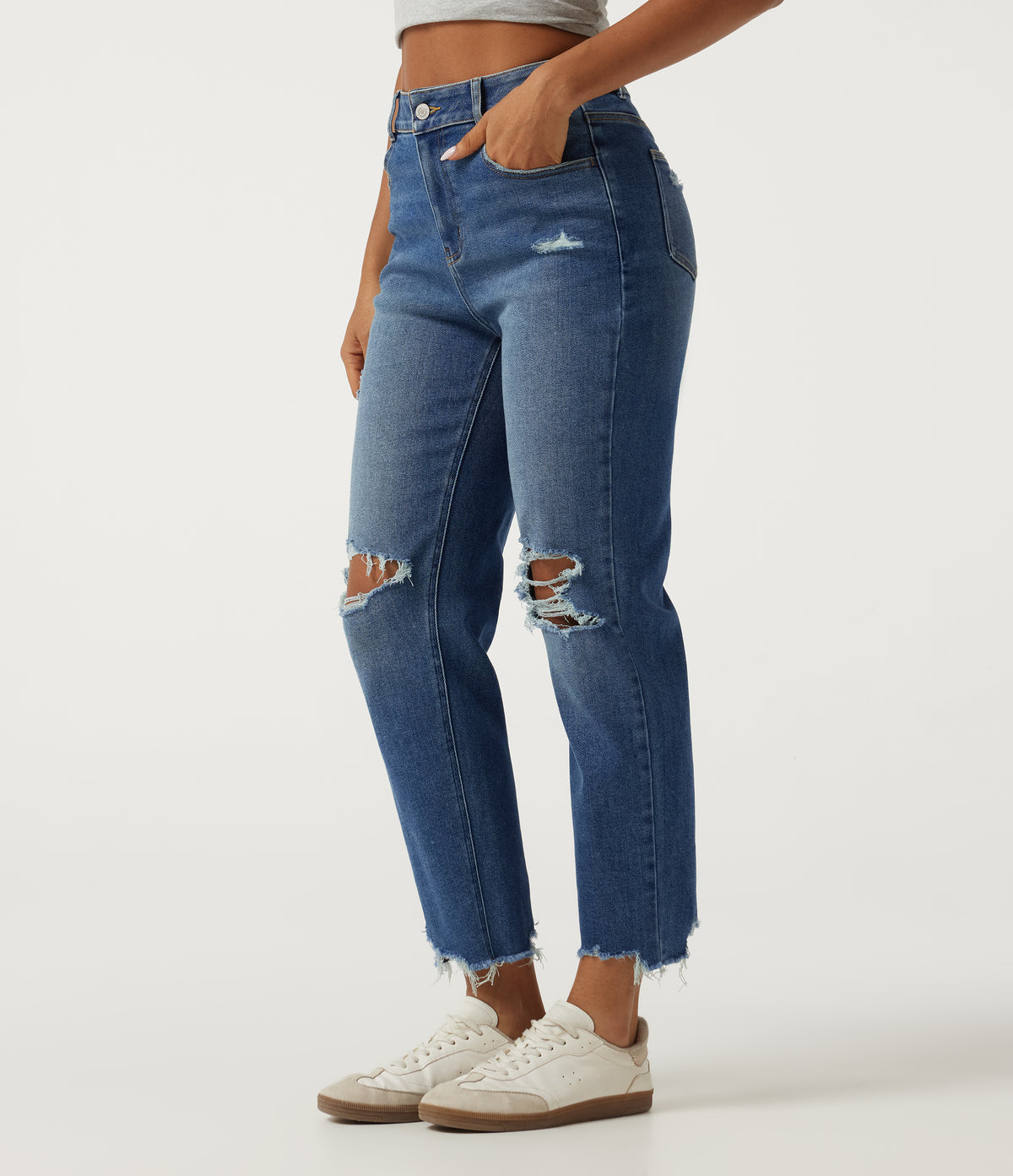 High Waisted Tapered Casual Jeans with Pockets — Tide Blue Denim — view 3