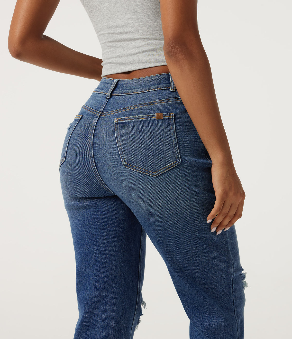 High Waisted Tapered Casual Jeans with Pockets — Tide Blue Denim — view 5